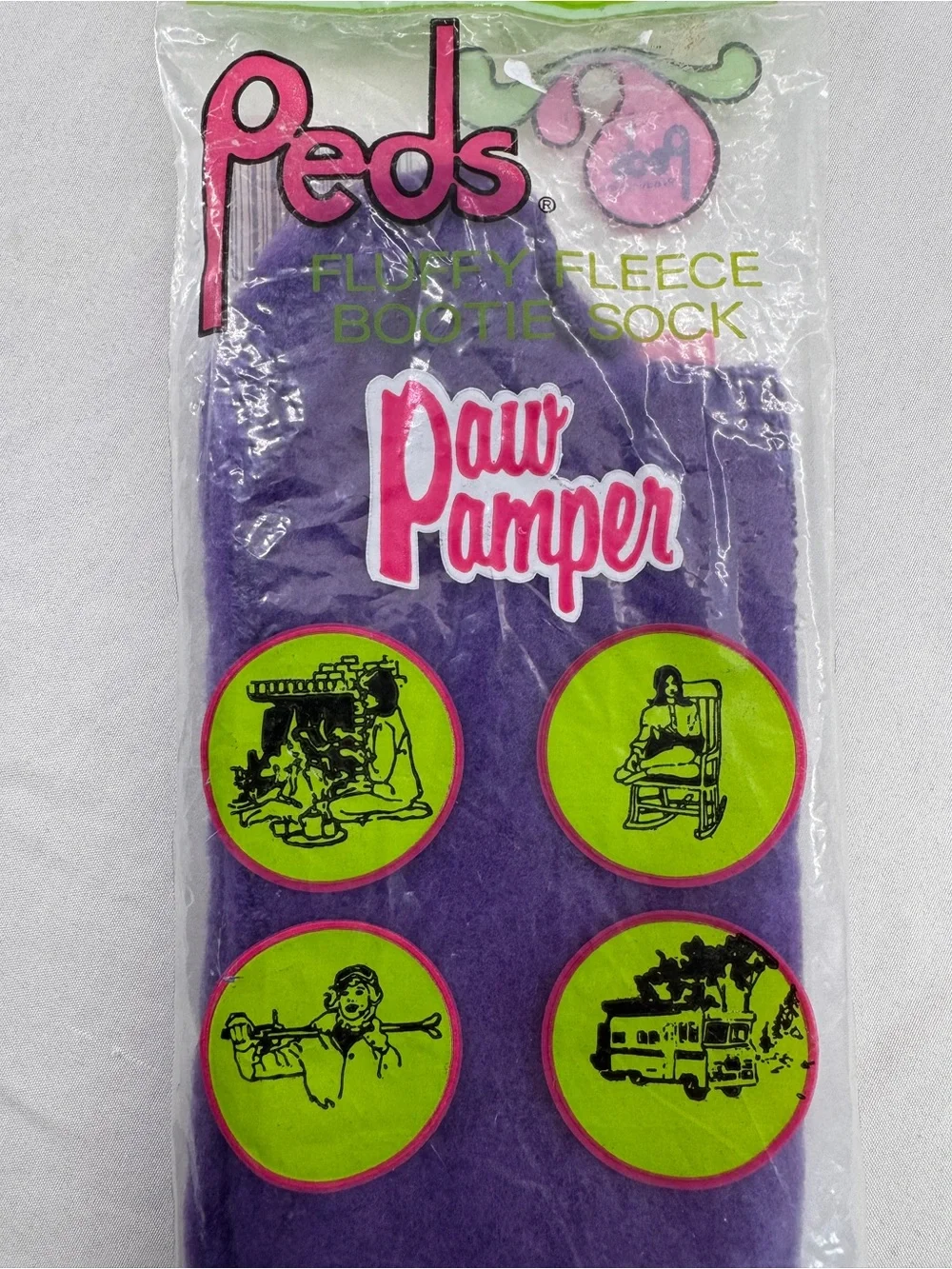 Vintage 1980's Peds Paw Pamper Fluffy Fleece Bootie Sock NOS Purple Size 9-11.5